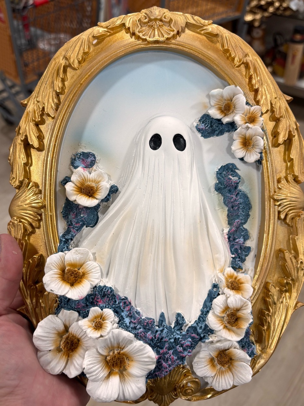 Gorgeous viral Gold Frame Ghost Wall Art with White Floral Accents
